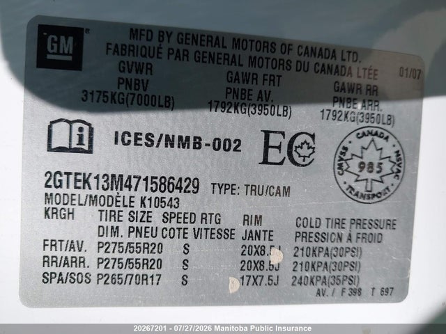 20267201 :رقم المزاد ، 2GTEK13M471586429 vin ، 2007 Gmc Sierra 1500 Hd Sle Crew Cab مزاد بيع