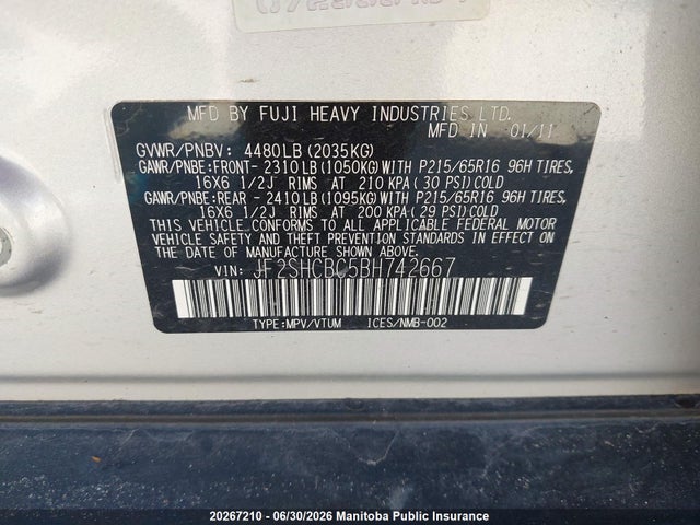 20267210 :رقم المزاد ، JF2SHCBC5BH742667 vin ، 2011 Subaru Forester 2.5 X مزاد بيع