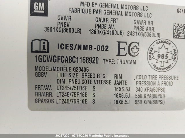 20267220 :رقم المزاد ، 1GCWGFCA8C1168920 vin ، 2012 Chevrolet Express 2500 Cargo Van مزاد بيع