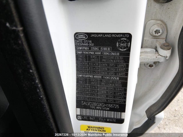 20267226 :رقم المزاد ، SALVD2BGXGH166725 vin ، 2016 Land Rover Range Rover Evoque Hse مزاد بيع