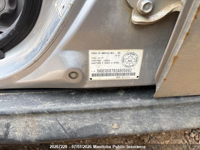 2002 Honda Accord Se მანქანა იყიდება აუქციონზე, vin: 1HGCG56792A805892, აუქციონის ნომერი: 20267228
