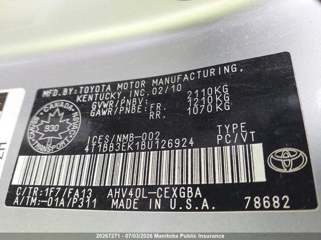 20267271 :رقم المزاد ، 4T1BB3EK1BU126924 vin ، 2011 Toyota Camry Hybrid مزاد بيع