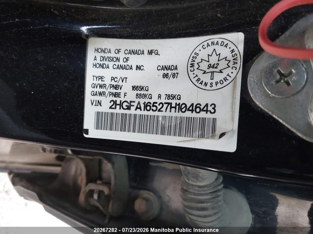 Aukcja sprzedaży 2007 Honda Civic Lx, vin: 2HGFA16527H104643, numer aukcji: 20267282