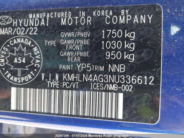 20267306 :رقم المزاد ، KMHLN4AG3NU336612 vin ، 2022 Hyundai Elantra Ultimate مزاد بيع