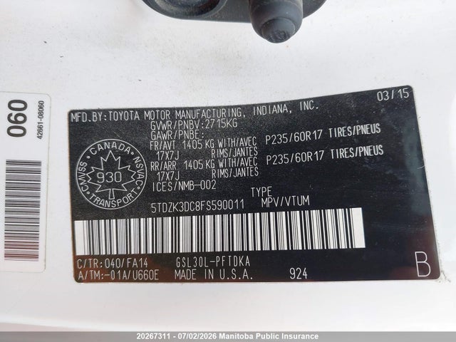 2015 Toyota Sienna Se V6 მანქანა იყიდება აუქციონზე, vin: 5TDZK3DC8FS590011, აუქციონის ნომერი: 20267311