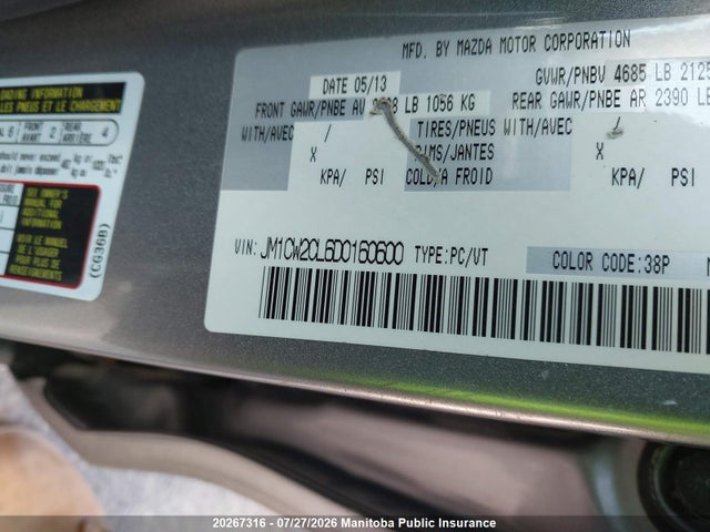 20267316 :رقم المزاد ، JM1CW2CL6D0160600 vin ، 2013 Mazda Mazda5 Gs مزاد بيع