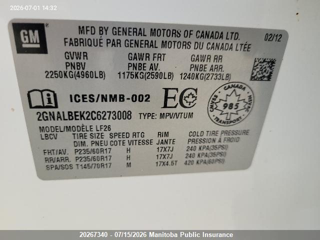 Продажа на аукционе авто 2012 Chevrolet Equinox Ls, vin: 2GNALBEK2C6273008, номер лота: 20267340