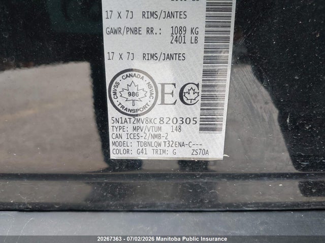 Aukcja sprzedaży 2019 Nissan Rogue Sv, vin: 5N1AT2MV8KC820305, numer aukcji: 20267363