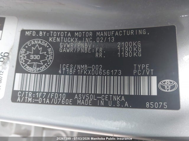 2013 Toyota Camry Le მანქანა იყიდება აუქციონზე, vin: 4T1BF1FKXDU656173, აუქციონის ნომერი: 20267399
