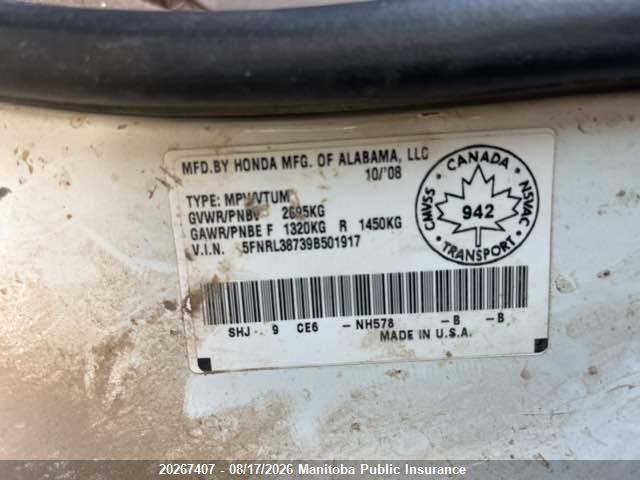 20267407 :رقم المزاد ، 5FNRL38739B501917 vin ، 2009 Honda Odyssey Ex-l Ex-l مزاد بيع