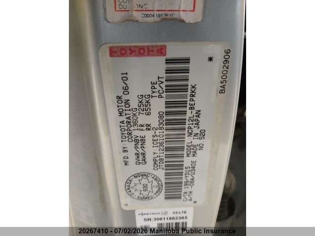 2001 Toyota Echo მანქანა იყიდება აუქციონზე, vin: JTDBT123610183080, აუქციონის ნომერი: 20267410