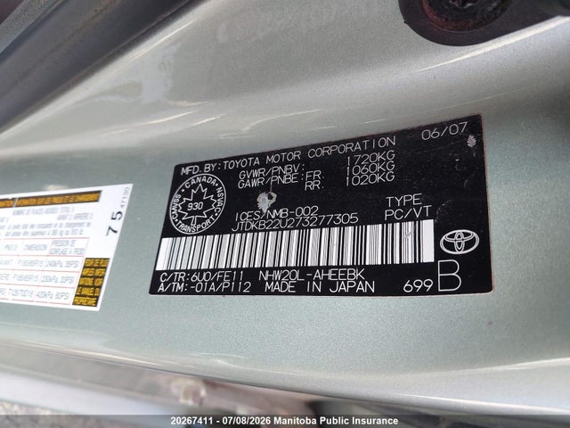Aukcja sprzedaży 2007 Toyota Prius, vin: JTDKB22U273277305, numer aukcji: 20267411