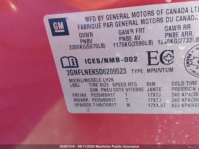 20267419 :رقم المزاد ، 2GNFLNEK5D6209523 vin ، 2013 Chevrolet Equinox Lt مزاد بيع