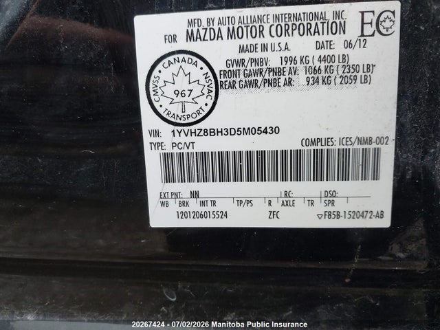 2013 Mazda Mazda6 Gs მანქანა იყიდება აუქციონზე, vin: 1YVHZ8BH3D5M05430, აუქციონის ნომერი: 20267424