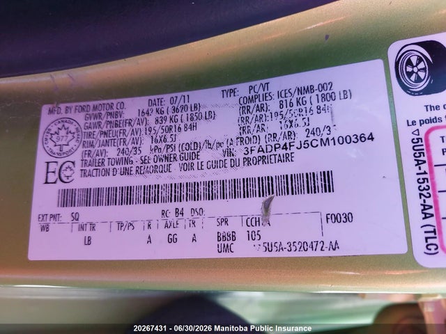 2012 Ford Fiesta Ses მანქანა იყიდება აუქციონზე, vin: 3FADP4FJ5CM100364, აუქციონის ნომერი: 20267431