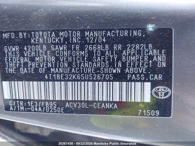 Aukcja sprzedaży 2005 Toyota Camry Le/xle/se, vin: 4T1BE32K65U526705, numer aukcji: 20267458