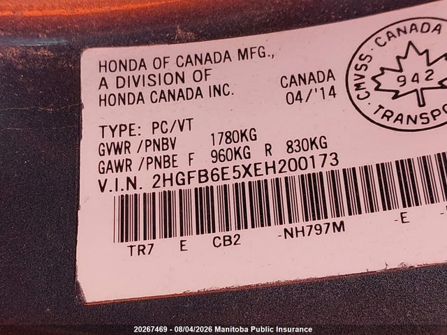 20267469 :رقم المزاد ، 2HGFB6E5XEH200173 vin ، 2014 Honda Civic Si Si مزاد بيع