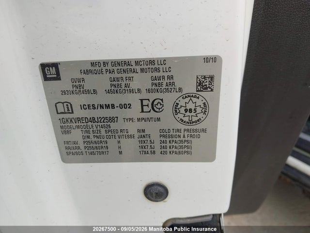 Aukcja sprzedaży 2011 Gmc Acadia Slt, vin: 1GKKVRED4BJ225887, numer aukcji: 20267500