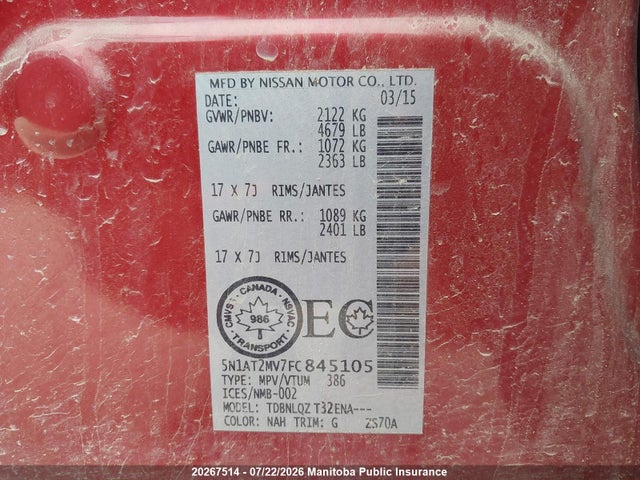 Aukcja sprzedaży 2015 Nissan Rogue S, vin: 5N1AT2MV7FC845105, numer aukcji: 20267514