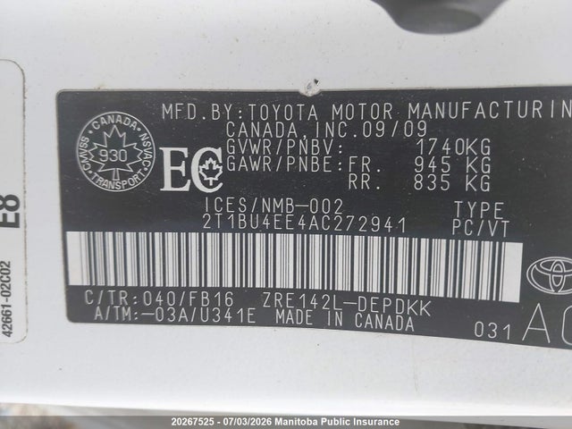 2010 Toyota Corolla Ce მანქანა იყიდება აუქციონზე, vin: 2T1BU4EE4AC272941, აუქციონის ნომერი: 20267525