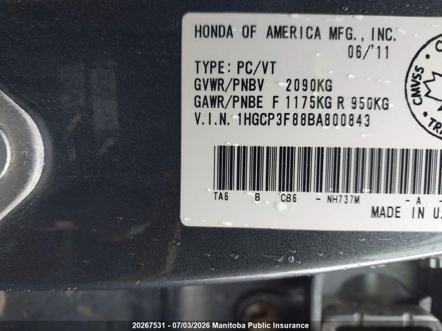 2011 Honda Accord Ex-l V6 მანქანა იყიდება აუქციონზე, vin: 1HGCP3F88BA800843, აუქციონის ნომერი: 20267531