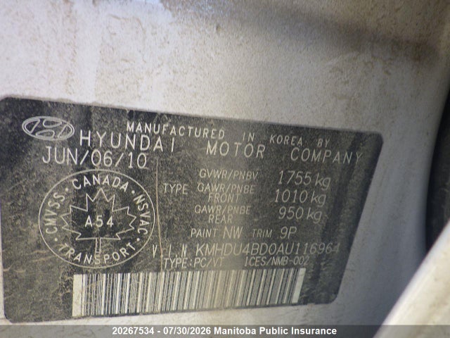 Auction sale of the 2010 Hyundai Elantra Gl, vin: KMHDU4BD0AU116964, lot number: 20267534