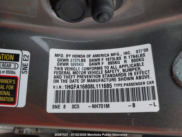 Продаж на аукціоні авто 2008 Honda Civic Ex, vin: 1HGFA16808L111685, номер лоту: 20267537