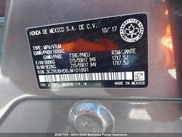 2018 Honda Hr-v Ex მანქანა იყიდება აუქციონზე, vin: 3CZRU6H56JM101891, აუქციონის ნომერი: 20267576