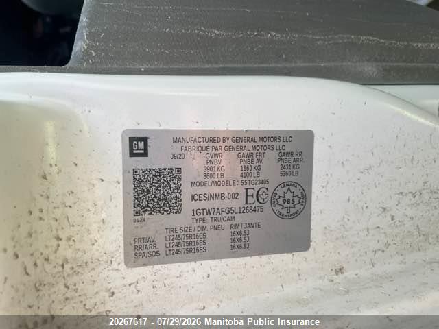 Aukcja sprzedaży 2020 Gmc Savana 2500 Cargo Van, vin: 1GTW7AFG5L1268475, numer aukcji: 20267617