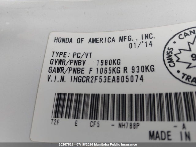 Honda Accord Sport 2014 1HGCR2F53EA805074 Image 9