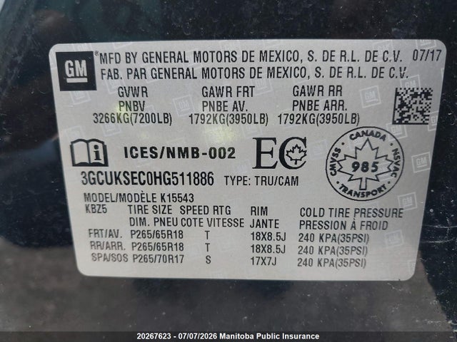 Продажа на аукционе авто 2017 Chevrolet Silverado 1500 Ltz Crew Cab, vin: 3GCUKSEC0HG511886, номер лота: 20267623