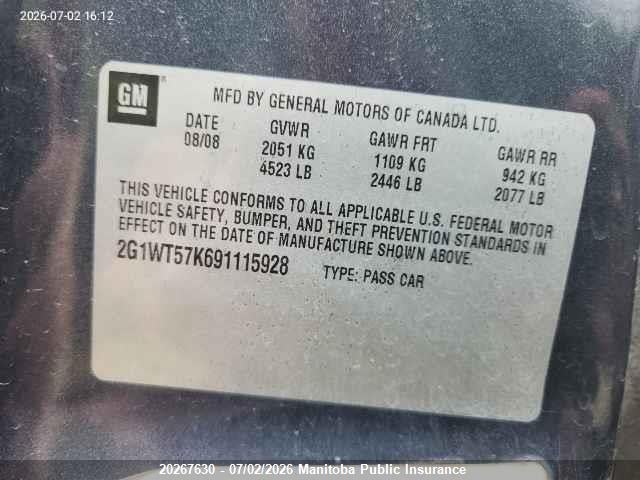 20267630 :رقم المزاد ، 2G1WT57K691115928 vin ، 2009 Chevrolet Impala Lt V6 مزاد بيع
