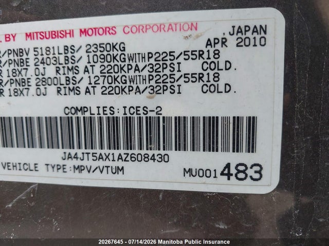 Продаж на аукціоні авто 2010 Mitsubishi Outlander Xls, vin: JA4JT5AX1AZ608430, номер лоту: 20267645