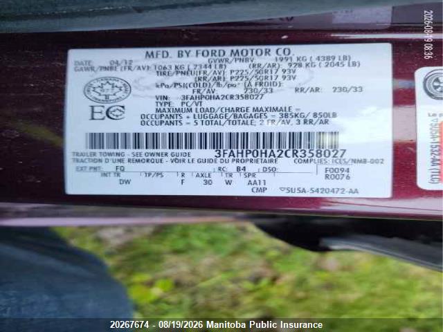 Aukcja sprzedaży 2012 Ford Fusion Se, vin: 3FAHP0HA2CR358027, numer aukcji: 20267674