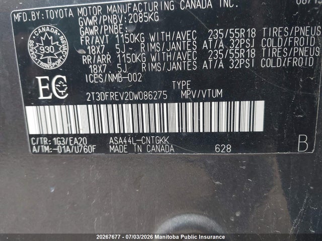 2013 Toyota Rav4 Limited მანქანა იყიდება აუქციონზე, vin: 2T3DFREV2DW086275, აუქციონის ნომერი: 20267677