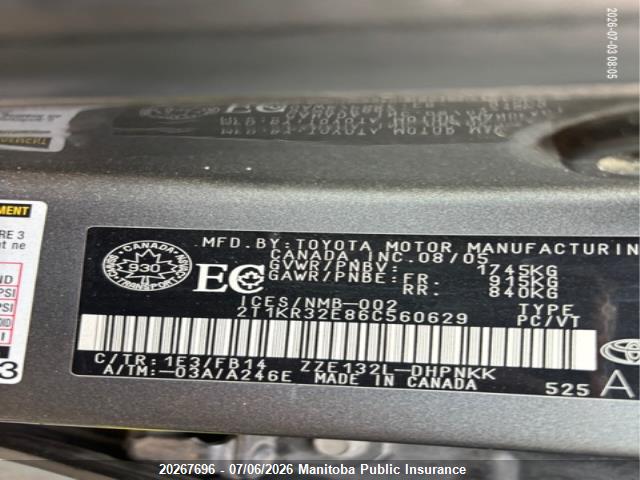 20267696 :رقم المزاد ، 2T1KR32E86C560629 vin ، 2006 Toyota Matrix Xr مزاد بيع