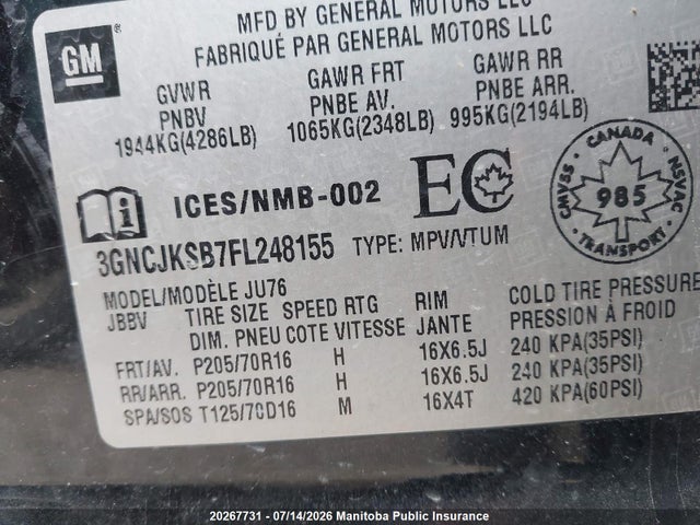 Aukcja sprzedaży 2015 Chevrolet Trax Ls, vin: 3GNCJKSB7FL248155, numer aukcji: 20267731