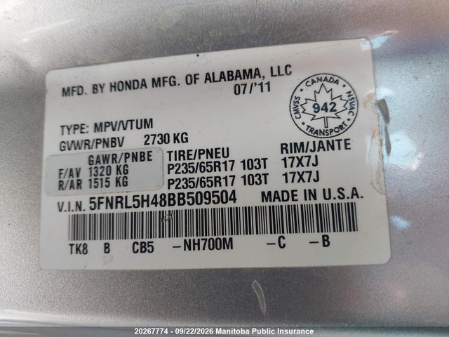 Продаж на аукціоні авто 2011 Honda Odyssey Ex, vin: 5FNRL5H48BB509504, номер лоту: 20267774