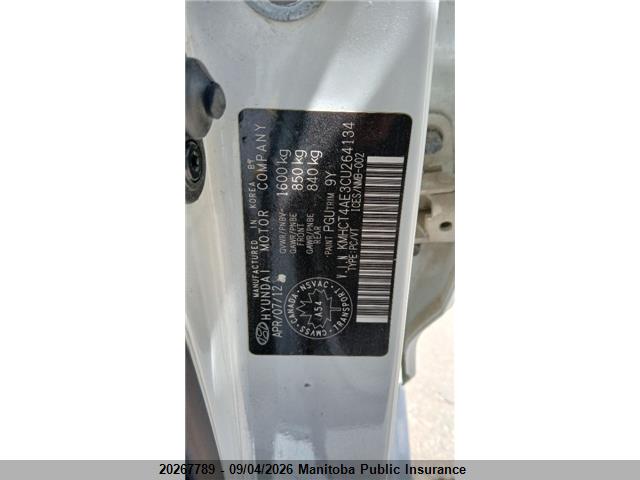 20267789 :رقم المزاد ، KMHCT4AE3CU264134 vin ، 2012 Hyundai Accent Gl مزاد بيع