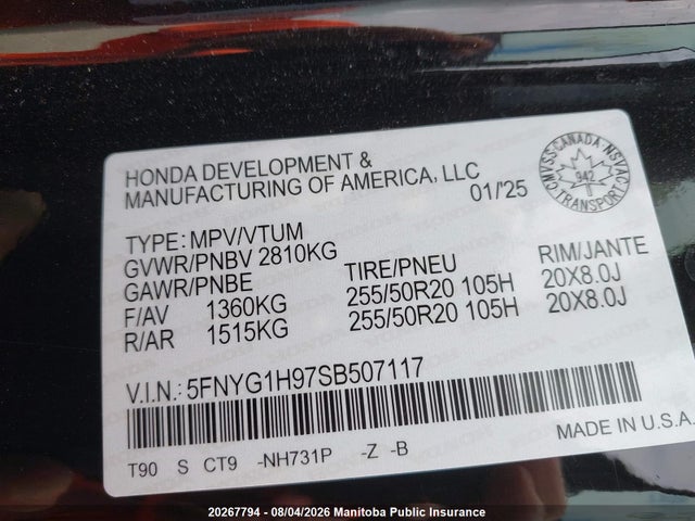 Aukcja sprzedaży 2025 Honda Pilot Black Edition, vin: 5FNYG1H97SB507117, numer aukcji: 20267794