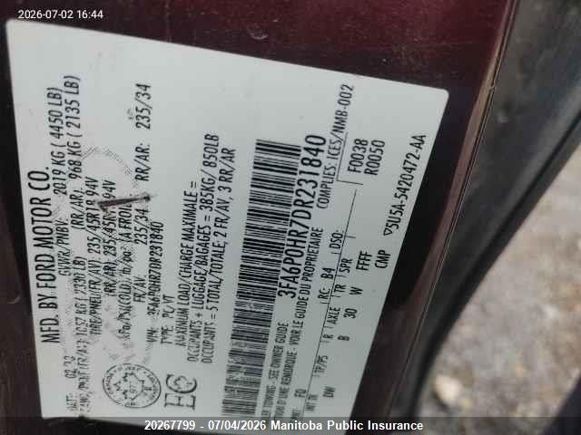Продаж на аукціоні авто 2013 Ford Fusion Se, vin: 3FA6P0HR7DR231840, номер лоту: 20267799