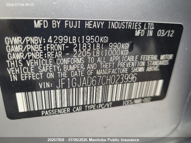 20267808 :رقم المزاد ، JF1GJAD67CH023996 vin ، 2012 Subaru Impreza 2.0i مزاد بيع