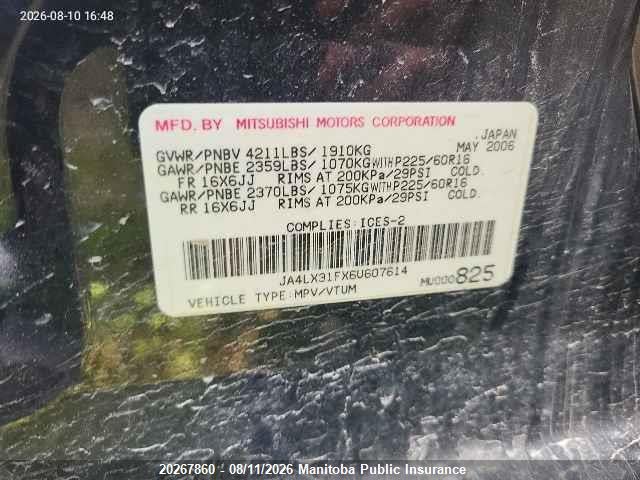 20267860 :رقم المزاد ، JA4LX31FX6U607614 vin ، 2006 Mitsubishi Outlander Ls مزاد بيع
