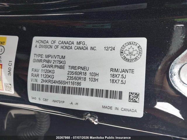 2025 Honda Cr-v Sport მანქანა იყიდება აუქციონზე, vin: 2HKRS4H56SH116186, აუქციონის ნომერი: 20267868