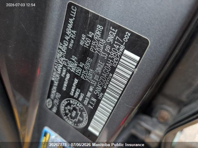 Продаж на аукціоні авто 2010 Hyundai Santa Fe Gl Sport, vin: 5NMSGDAG0AH380417, номер лоту: 20267878