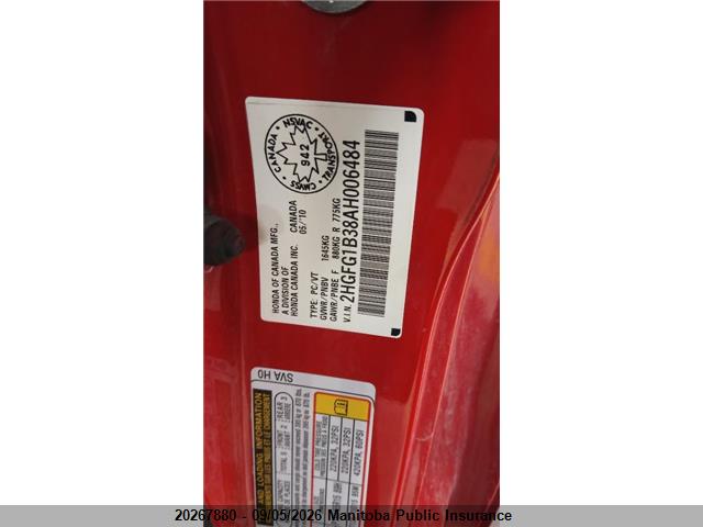 20267880 :رقم المزاد ، 2HGFG1B38AH006484 vin ، 2010 Honda Civic Dx-g مزاد بيع