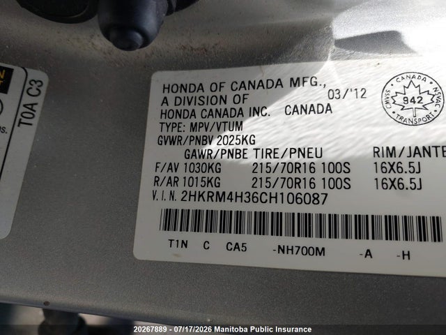20267889 :رقم المزاد ، 2HKRM4H36CH106087 vin ، 2012 Honda Cr-v Lx مزاد بيع
