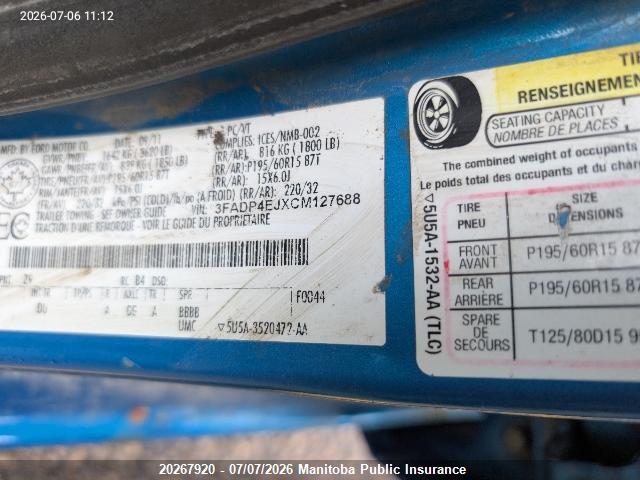 20267920 :رقم المزاد ، 3FADP4EJXCM127688 vin ، 2012 Ford Fiesta S مزاد بيع