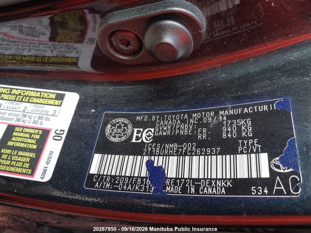 Aukcja sprzedaży 2015 Toyota Corolla Le, vin: 2T1BURHE7FC262937, numer aukcji: 20267950