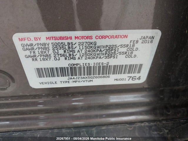 20267951 :رقم المزاد ، JA4JZ3AX5GZ606806 vin ، 2016 Mitsubishi Outlander Se مزاد بيع